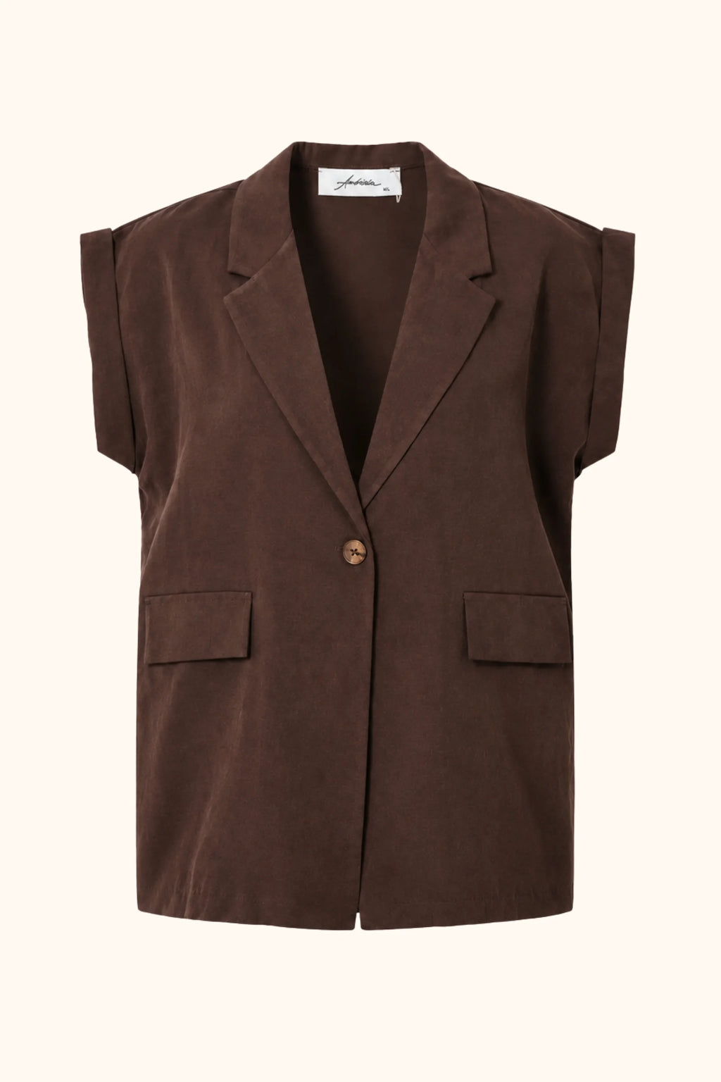 A brown sleeveless blazer-style vest with notch lapels, a single front button, and two flap pockets, shown on a plain white background.