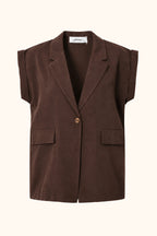 A brown sleeveless blazer-style vest with notch lapels, a single front button, and two flap pockets, shown on a plain white background.