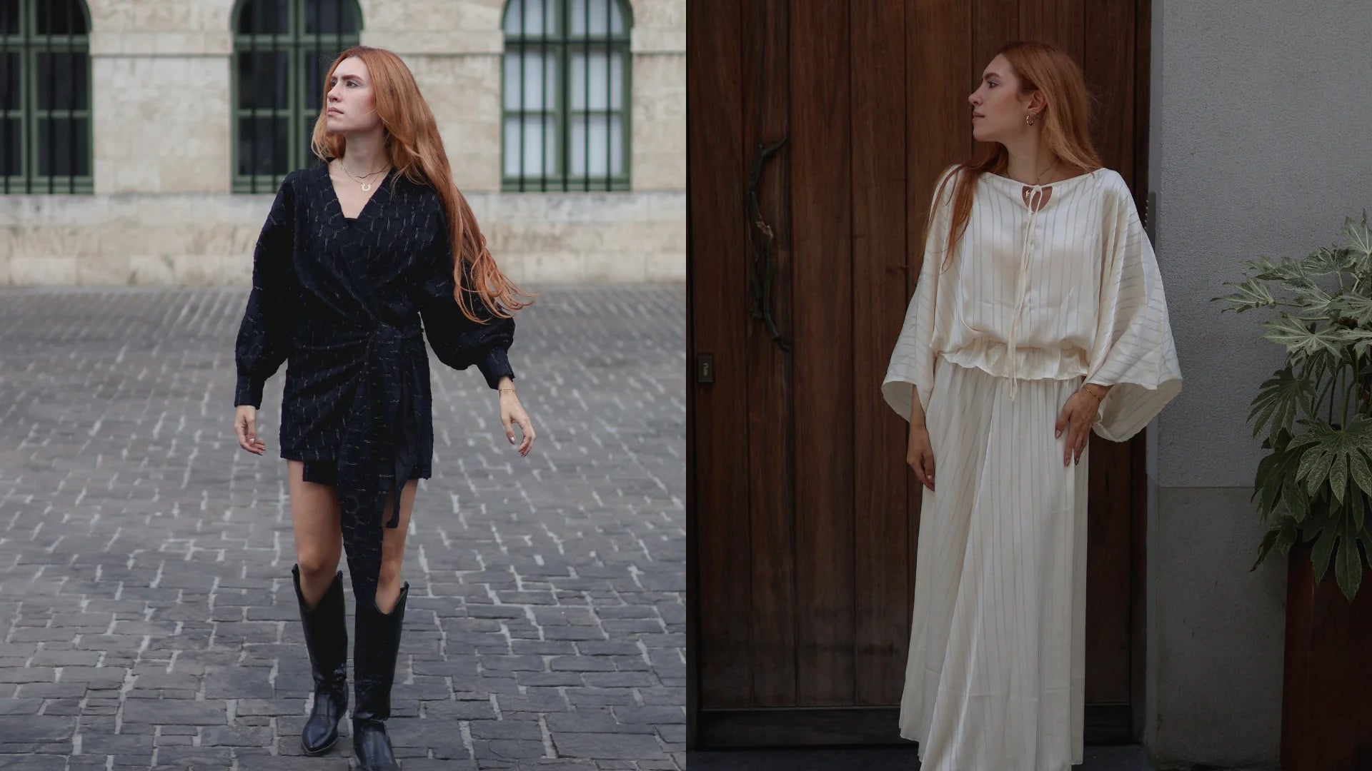 A split-screen lifestyle image showing a woman with long red hair in two different outfits. On the left, she wears a black textured wrap dress with sheer sleeves and black knee-high boots, standing on a cobblestone street.